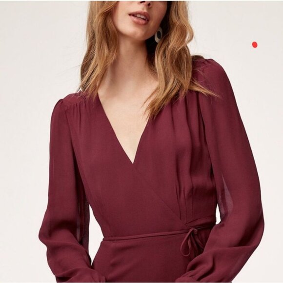Aritzia Wilfred Lina Wrap Midi Dress Sz S Rust Red Crepe Flowy Feminine Timeless - Picture 3 of 11